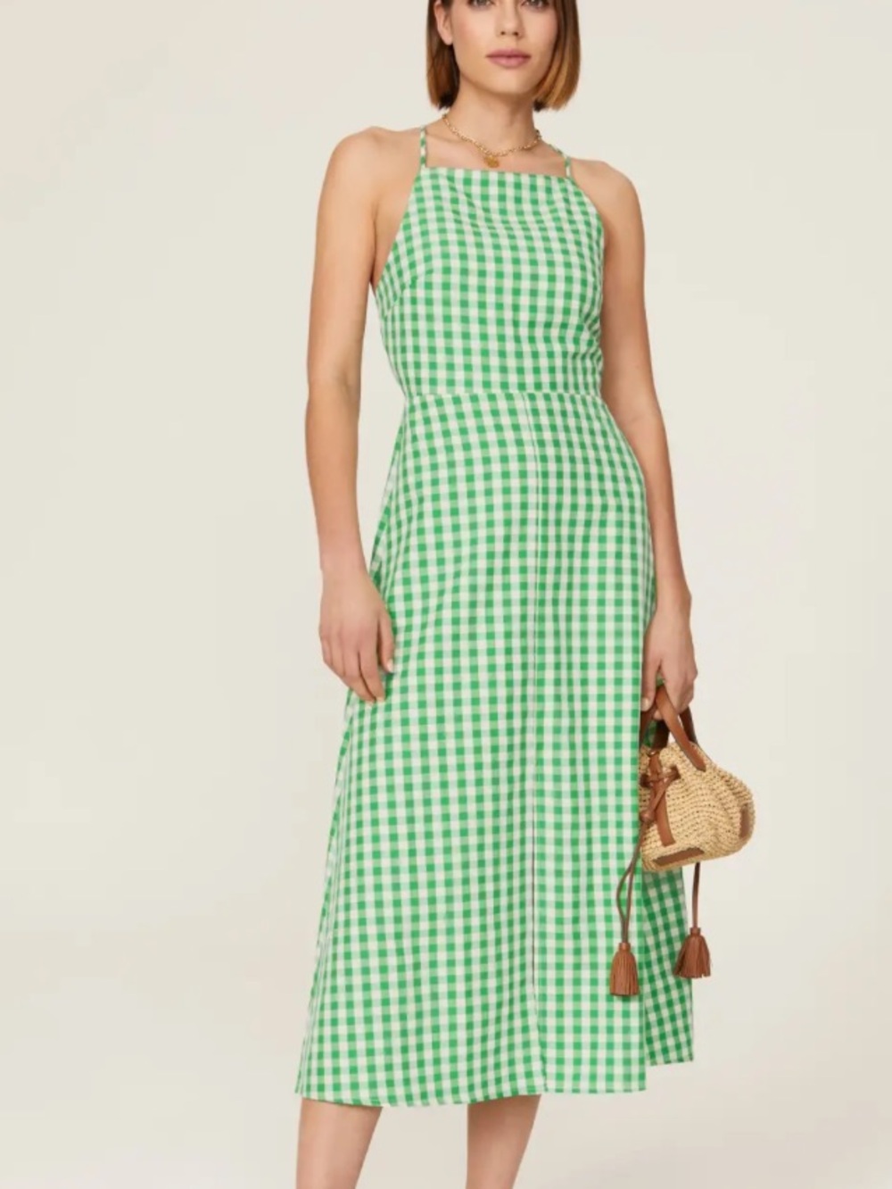 Green Gingham High-Neck Midi Dress